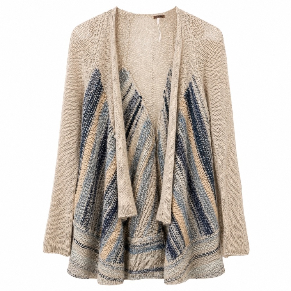 Free People Mohair Blend Boho Cardigan Draped Open Knit Striped Cozy Size Large - Picture 2 of 4